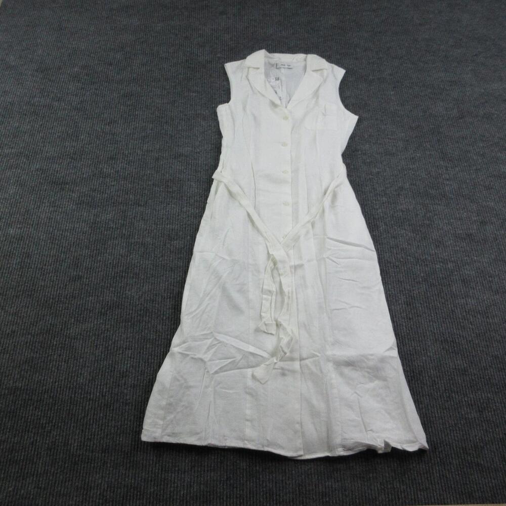 MNG Dress Womens M White Shirt Dress Collared Linen Belted Button Midi NWT